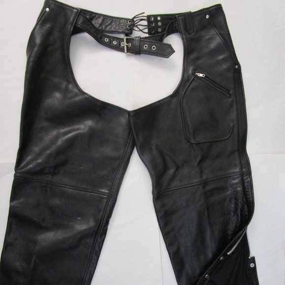 5X 5XL Black Leather Motorcycle Chaps Pants Mesh Lining - Picture 1 of 11
